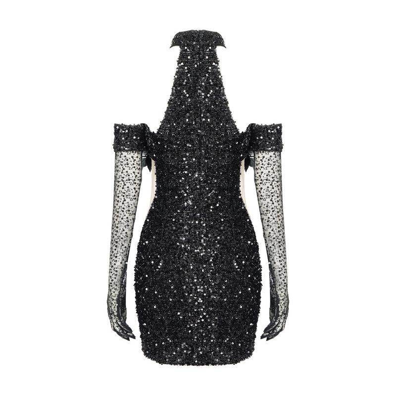 Tank Turtleneck Mesh Sequins Black Feather Mini Bodycon Dress - REBECATHELABEL