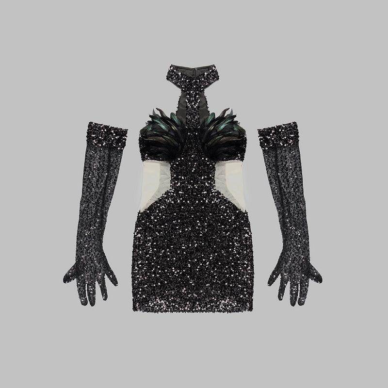 Tank Turtleneck Mesh Sequins Black Feather Mini Bodycon Dress - REBECATHELABEL
