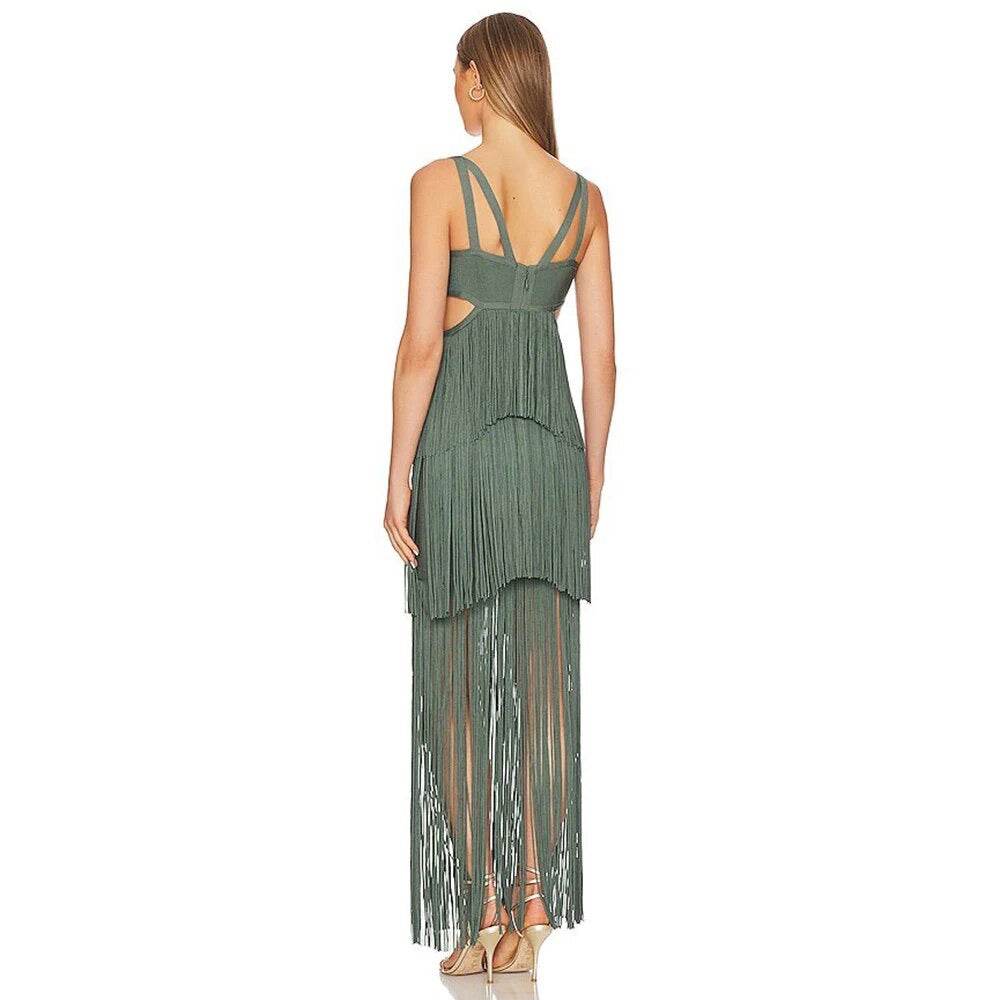 Tassel Sexy Hollow V-neck Sleeveless High Waist Tight Dress - REBECATHELABEL