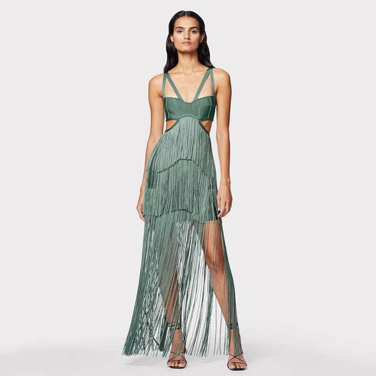 Tassel Sexy Hollow V-neck Sleeveless High Waist Tight Dress - REBECATHELABEL