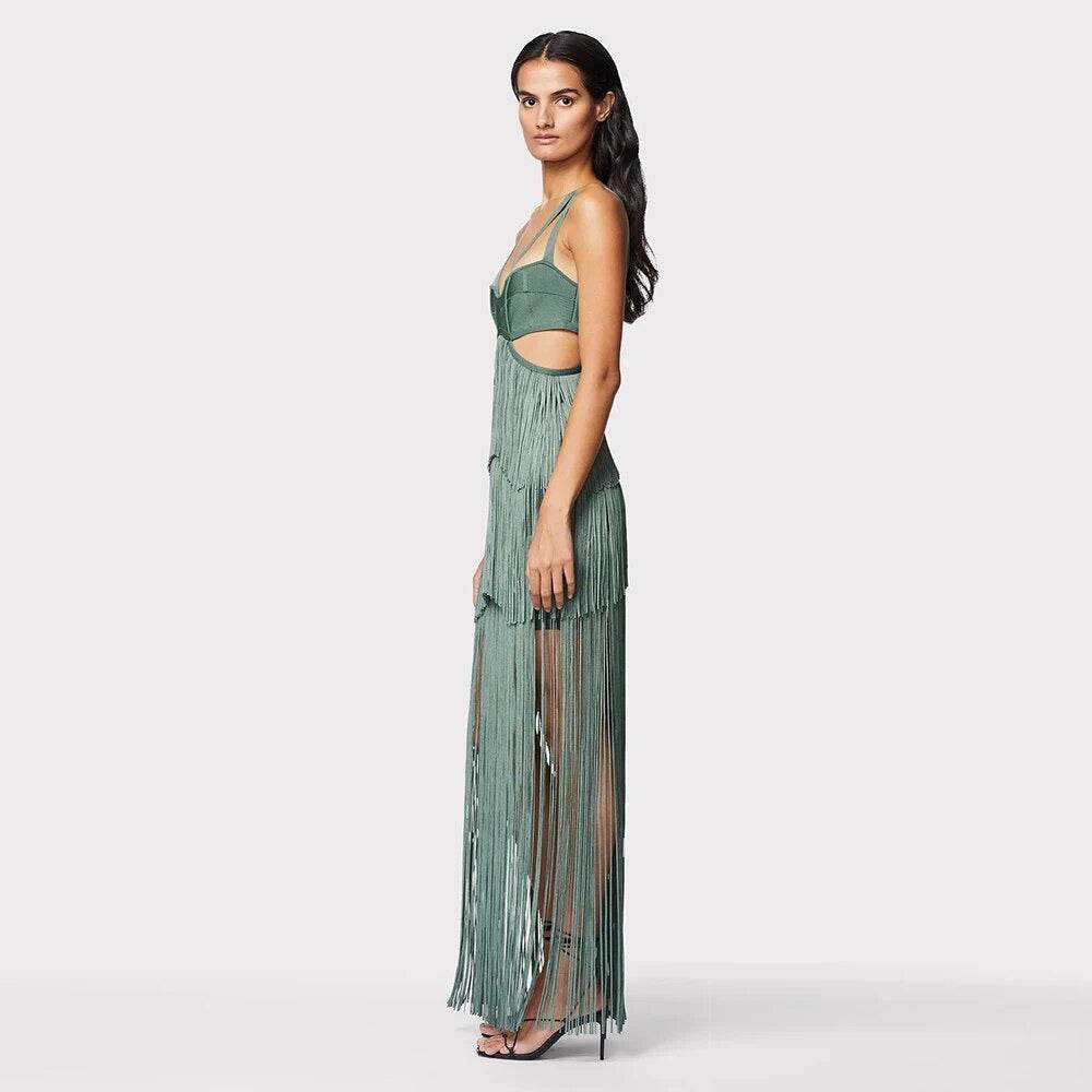 Tassel Sexy Hollow V-neck Sleeveless High Waist Tight Dress - REBECATHELABEL