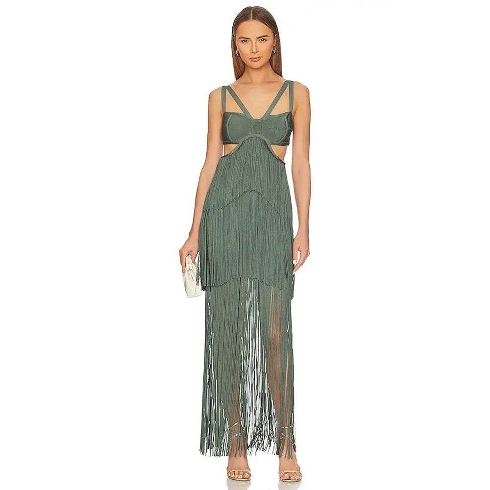 Tassel Sexy Hollow V-neck Sleeveless High Waist Tight Dress - REBECATHELABEL