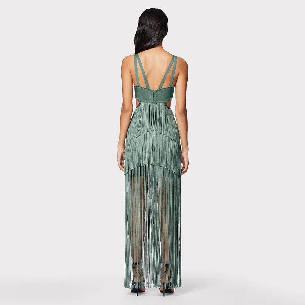 Tassel Sexy Hollow V-neck Sleeveless High Waist Tight Dress - REBECATHELABEL