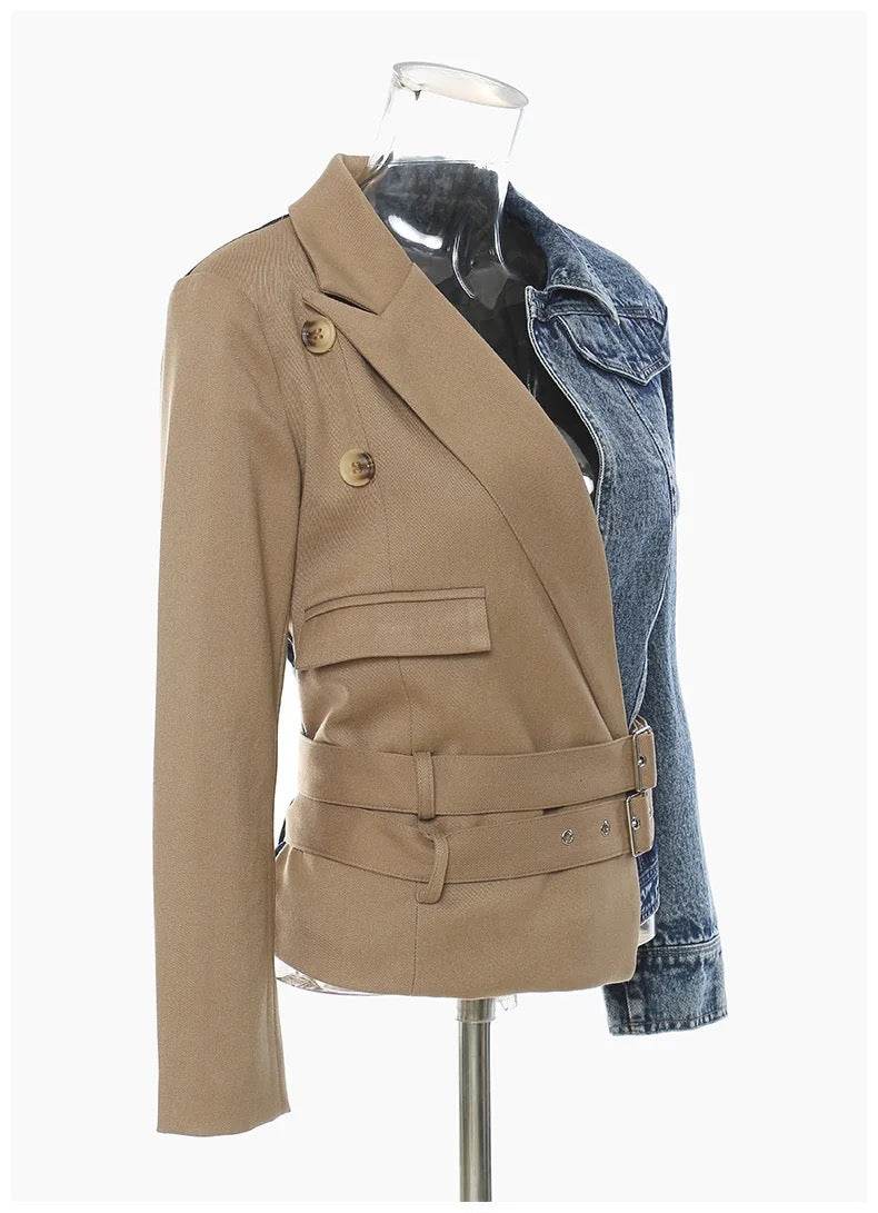 Temperament Patchwork Double Belt Suit Collar Denim jackets - REBECATHELABEL