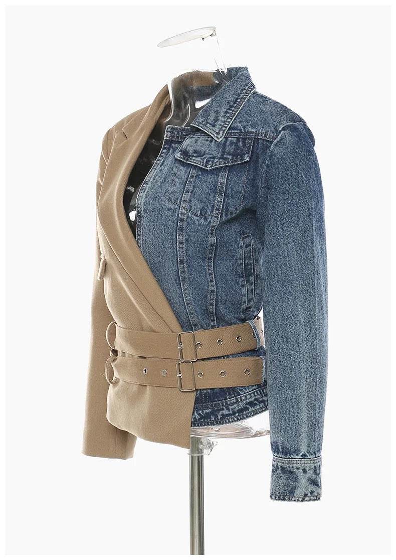 Temperament Patchwork Double Belt Suit Collar Denim jackets - REBECATHELABEL