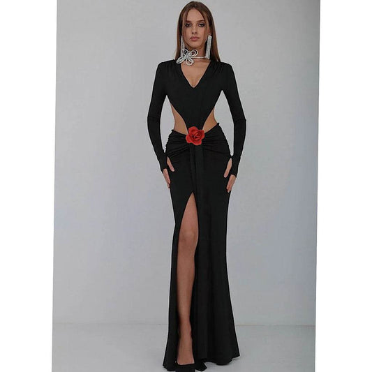 Tight Backless V-neck Long Sleeve Hollow Pleated Maxi Dress - REBECATHELABEL