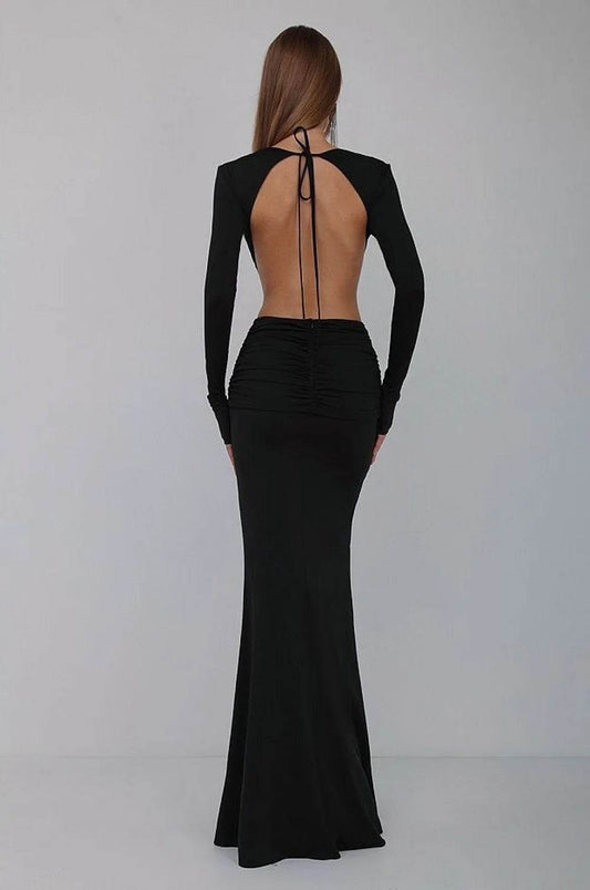 Tight Backless V-neck Long Sleeve Hollow Pleated Maxi Dress - REBECATHELABEL