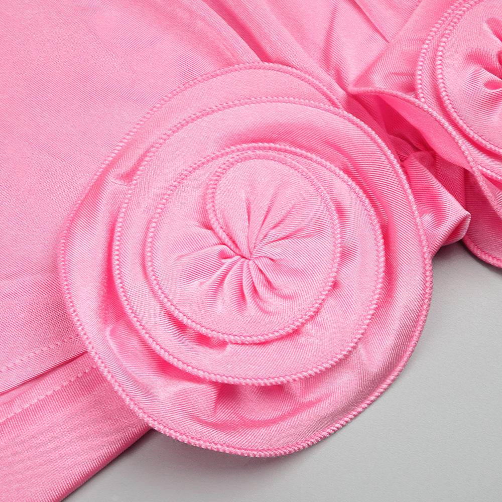 Tight Sleeveless Pink 3D Flower Backless Pleated Midi Split Dress - REBECATHELABEL