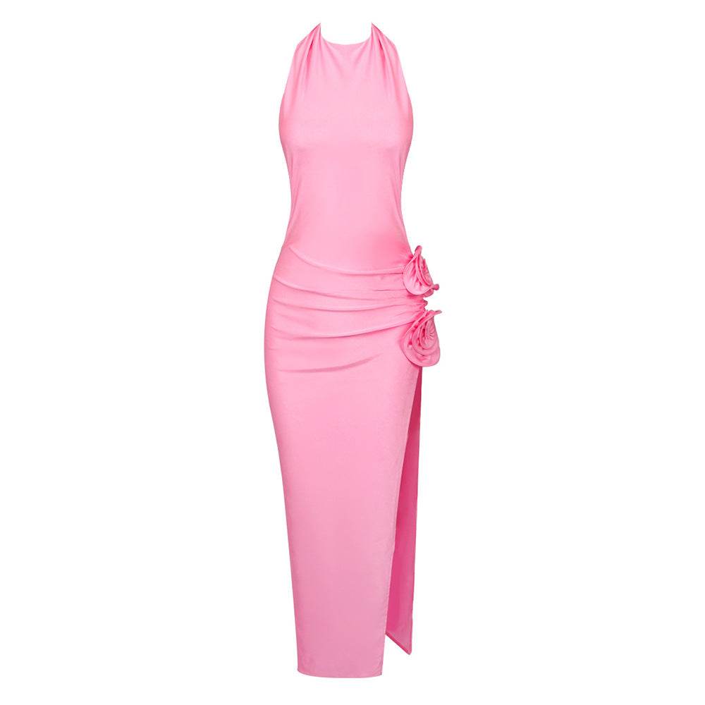 Tight Sleeveless Pink 3D Flower Backless Pleated Midi Split Dress - REBECATHELABEL