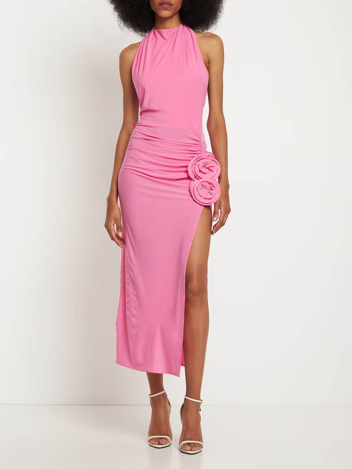 Tight Sleeveless Pink 3D Flower Backless Pleated Midi Split Dress - REBECATHELABEL