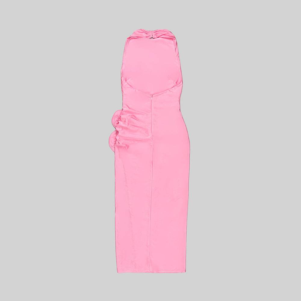 Tight Sleeveless Pink 3D Flower Backless Pleated Midi Split Dress - REBECATHELABEL
