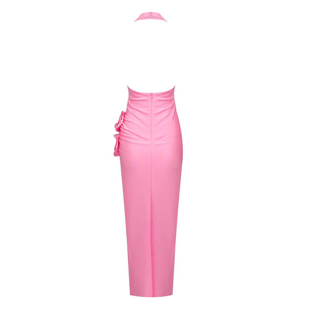 Tight Sleeveless Pink 3D Flower Backless Pleated Midi Split Dress - REBECATHELABEL
