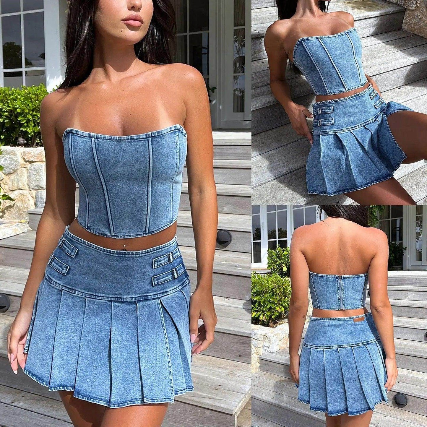 Tube Top Denim skirt Set - REBECATHELABEL