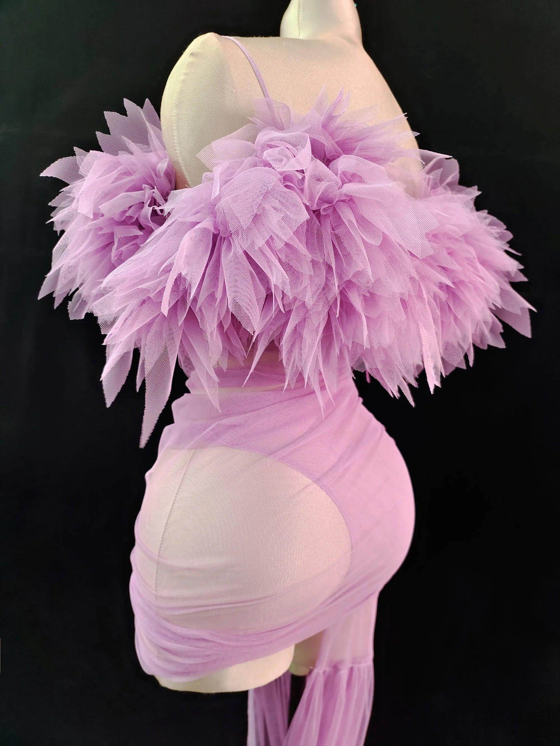 Tulle Maxi Dress With Gloves In Lilac - REBECATHELABEL