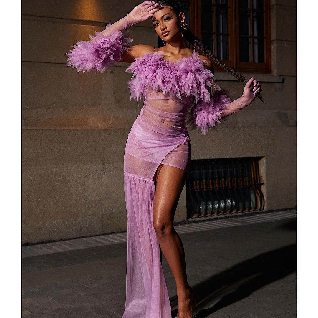 Tulle Maxi Dress With Gloves In Lilac - REBECATHELABEL