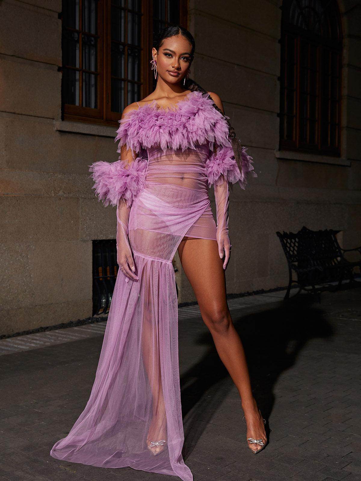 Tulle Maxi Dress With Gloves In Lilac - REBECATHELABEL