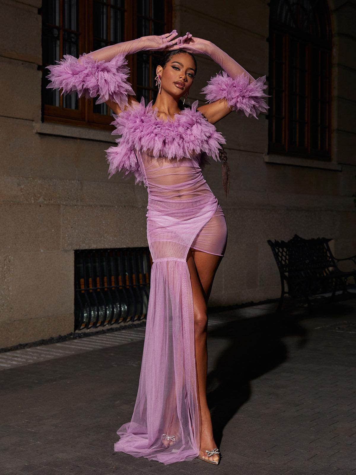 Tulle Maxi Dress With Gloves In Lilac - REBECATHELABEL