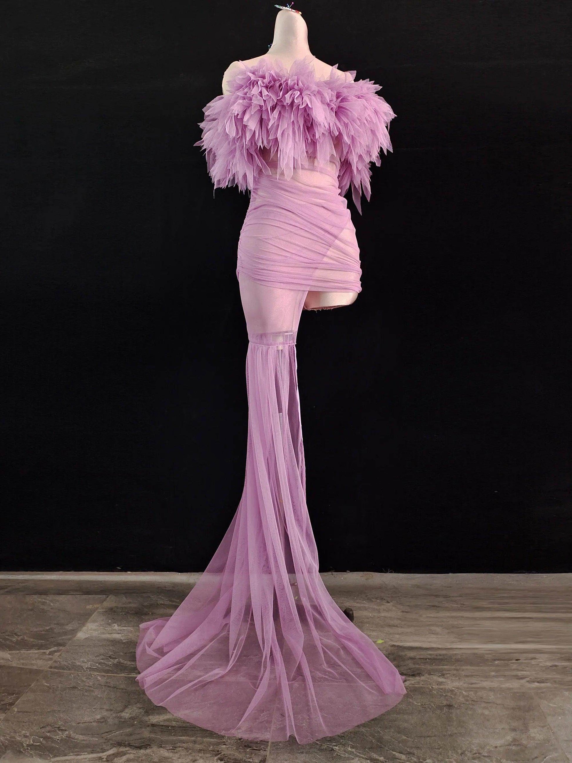 Tulle Maxi Dress With Gloves In Lilac - REBECATHELABEL