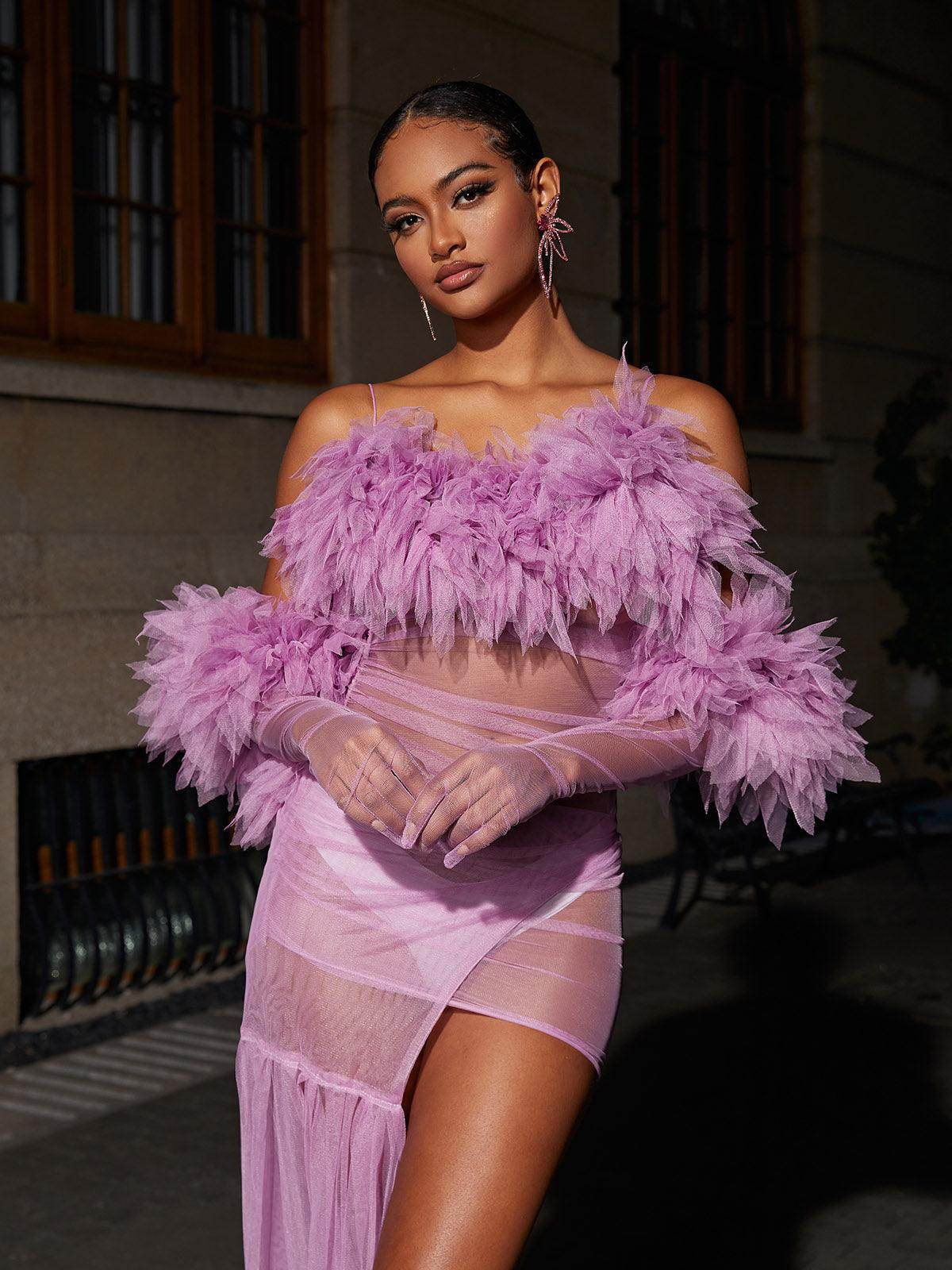 Tulle Maxi Dress With Gloves In Lilac - REBECATHELABEL