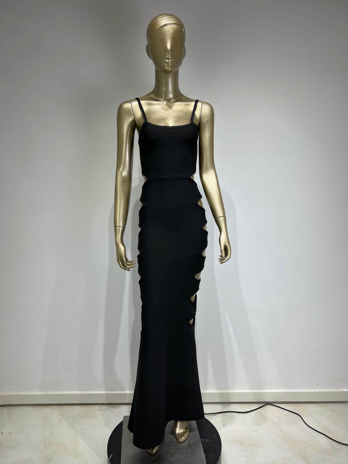 V Neck Hollow Out Black Maxi dress - REBECATHELABEL