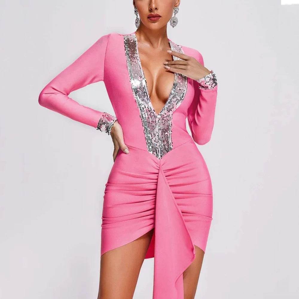 V-Neck Long Sleeve Pleated Ruffle Edge Tight Mini Bandage Dress - REBECATHELABEL