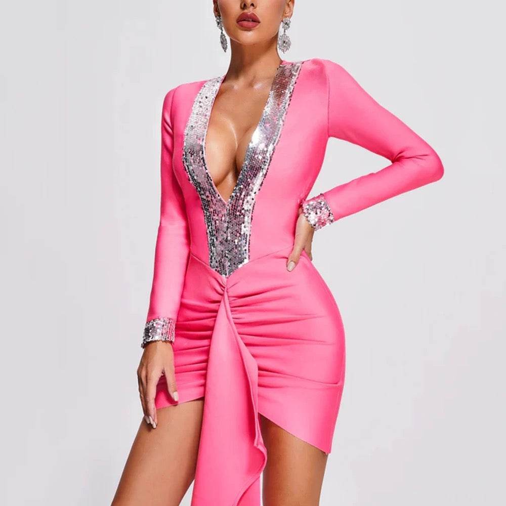 V-Neck Long Sleeve Pleated Ruffle Edge Tight Mini Bandage Dress - REBECATHELABEL