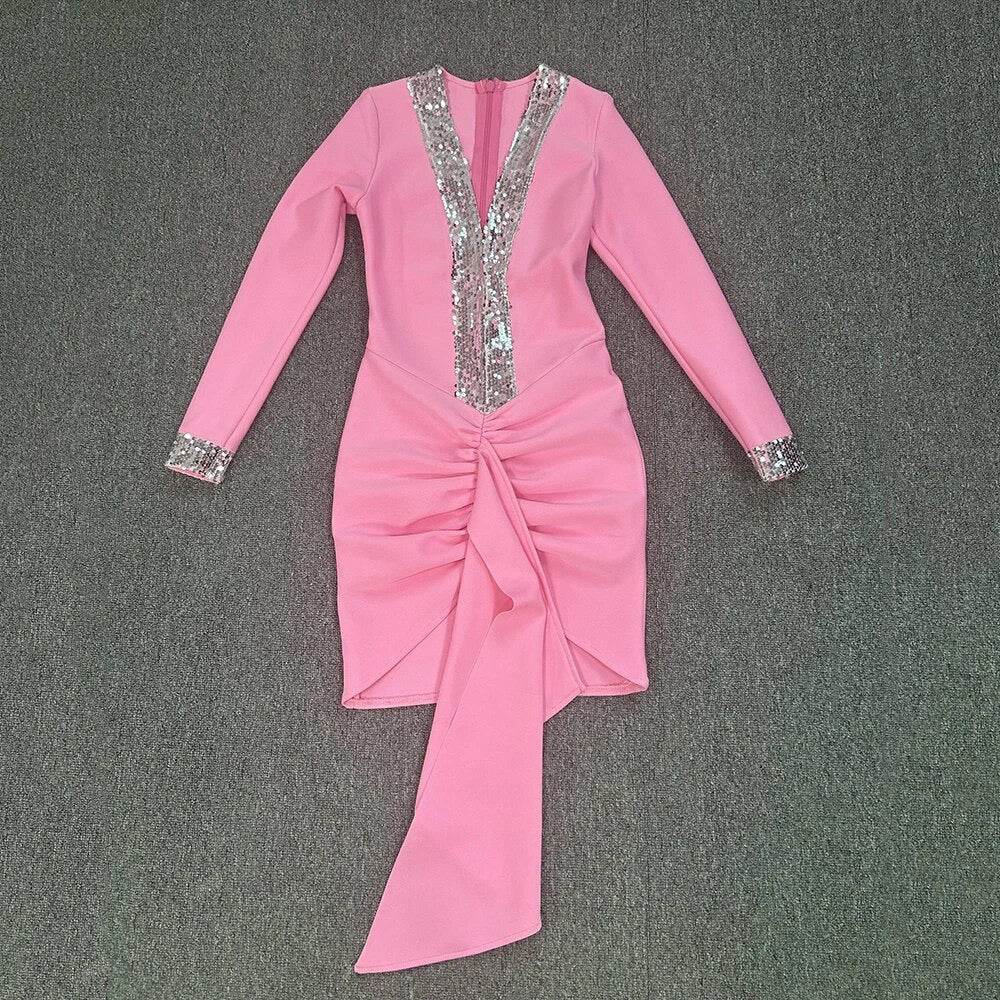 V-Neck Long Sleeve Pleated Ruffle Edge Tight Mini Bandage Dress - REBECATHELABEL