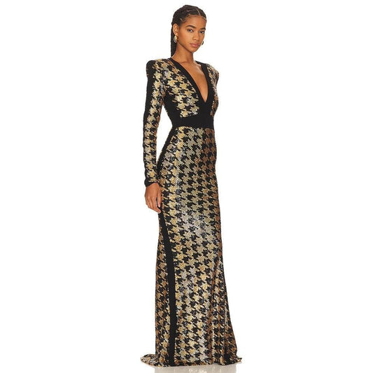 V-Neck Long Sleeved Sequined Bird Check Tight Fitting Long Dress - REBECATHELABEL