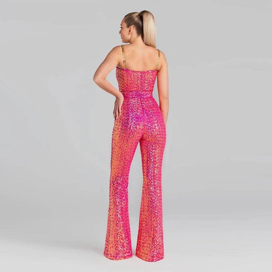 V-Neck Open Back Chain Belt Tight Pink Long Jumpsuit - REBECATHELABEL