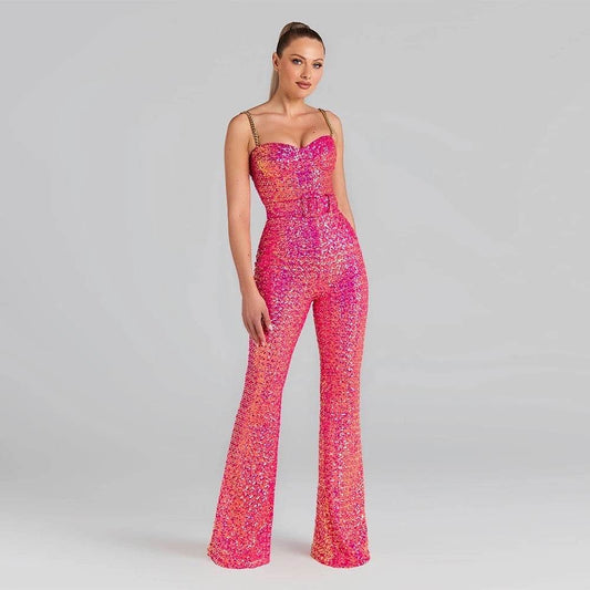 V-Neck Open Back Chain Belt Tight Pink Long Jumpsuit - REBECATHELABEL