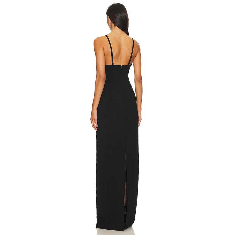 V-Neck Sleeveless Bow Beaded Tight Long Bandage Dress - REBECATHELABEL