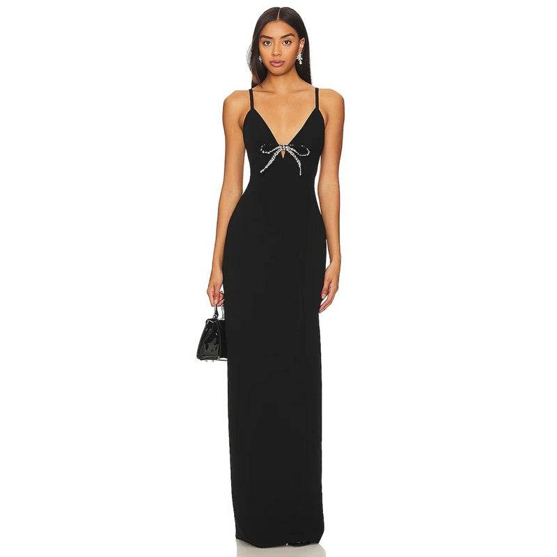 V-Neck Sleeveless Bow Beaded Tight Long Bandage Dress - REBECATHELABEL