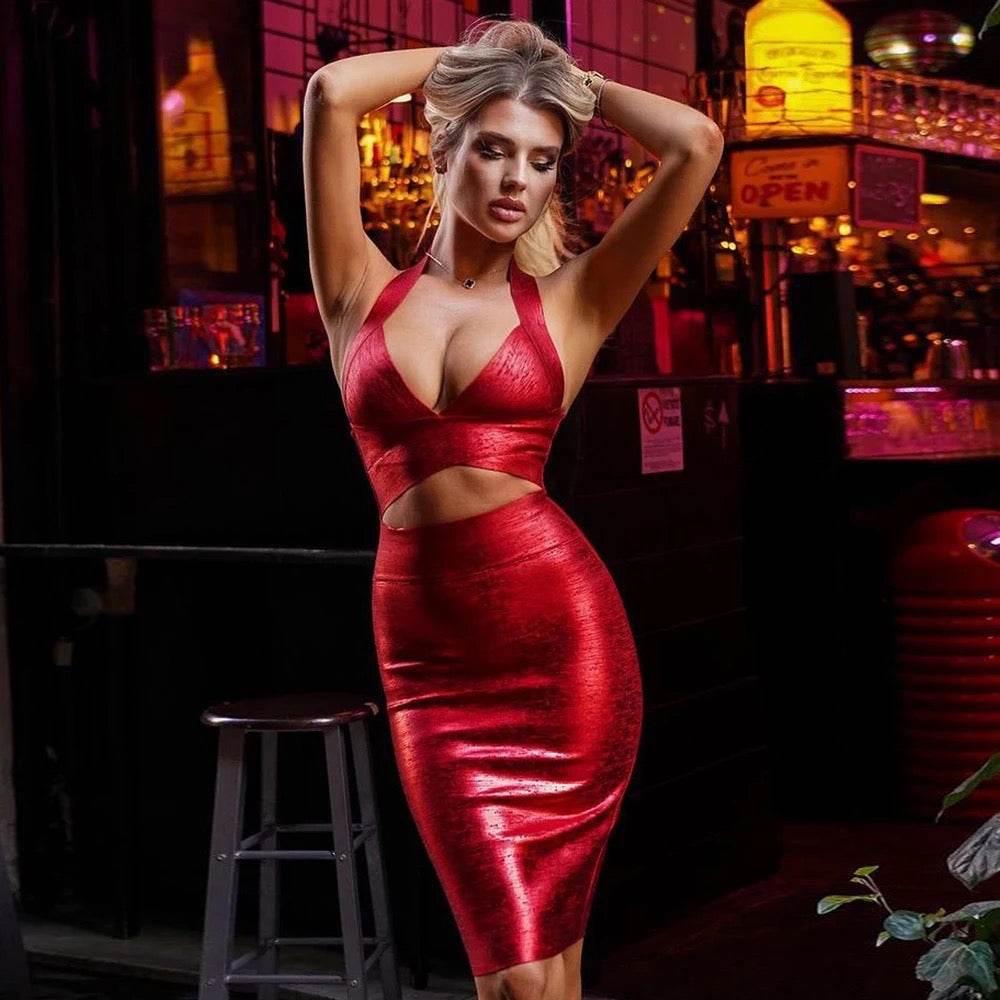 V-Neck Sleeveless Midi Bandage Dress 2-Piece set - REBECATHELABEL