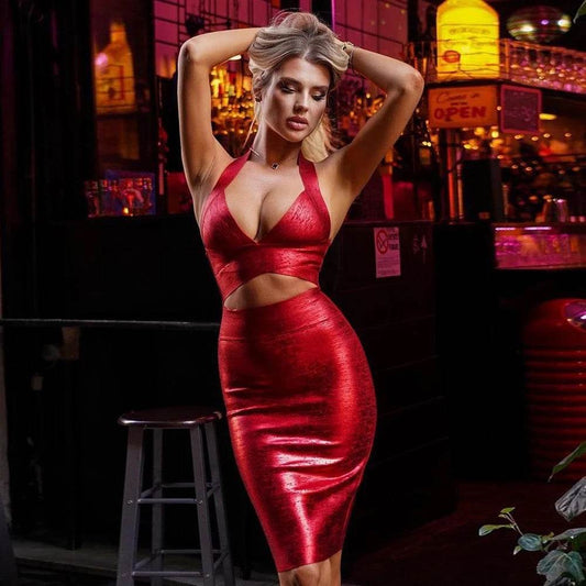 V-Neck Sleeveless Midi Bandage Dress 2-Piece set - REBECATHELABEL