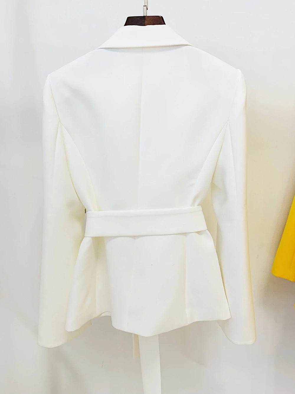 V-neck Long Sleeve Crystal Diamond Belt White blazer - REBECATHELABEL