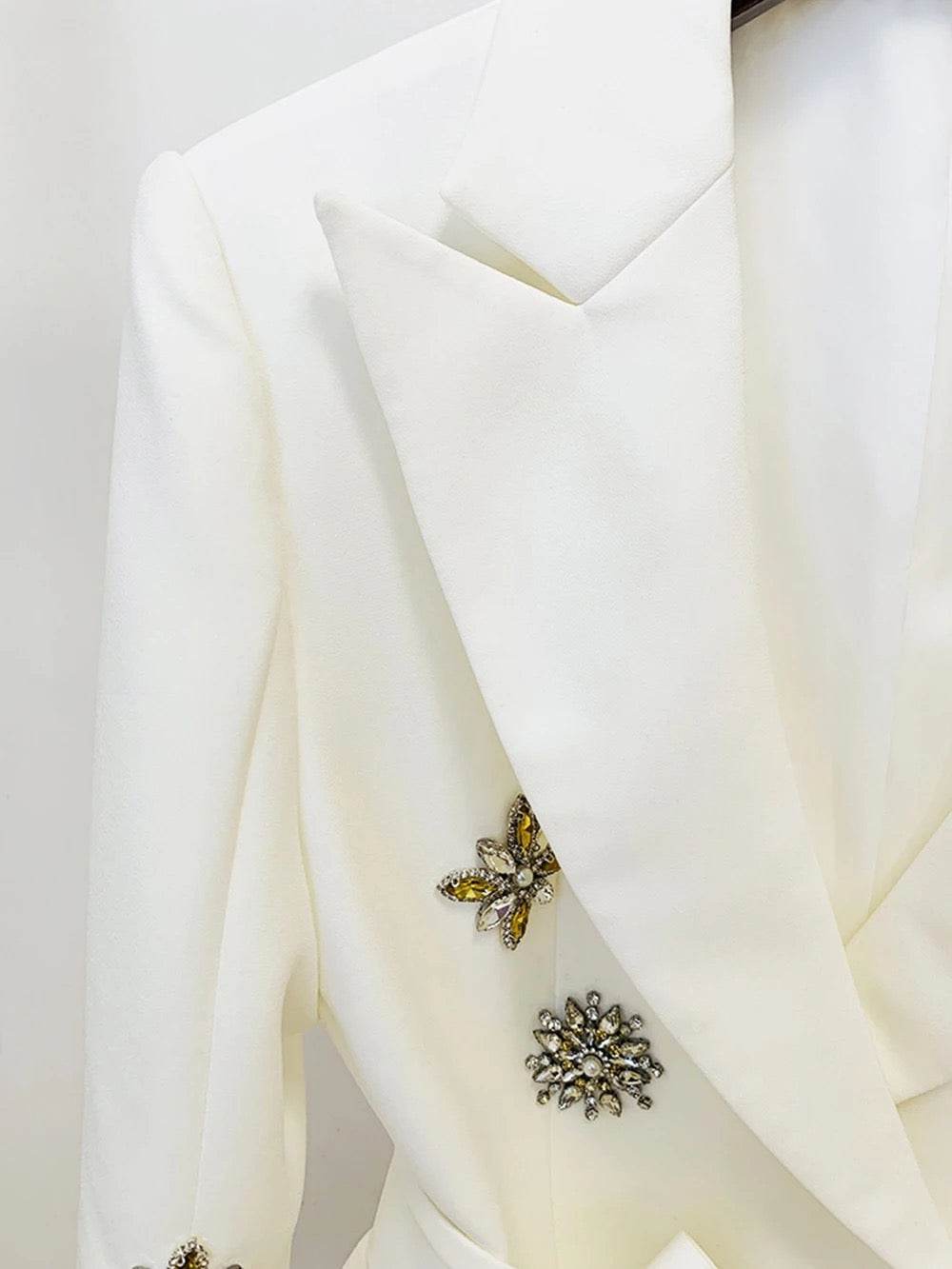 V-neck Long Sleeve Crystal Diamond Belt White blazer - REBECATHELABEL