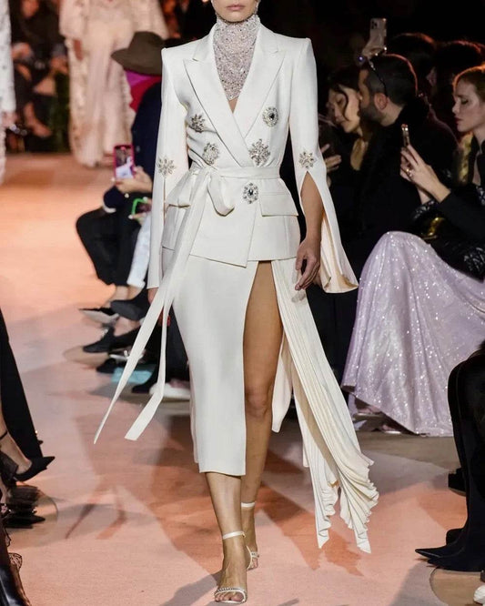 V-neck Long Sleeve Crystal Diamond Belt White blazer - REBECATHELABEL