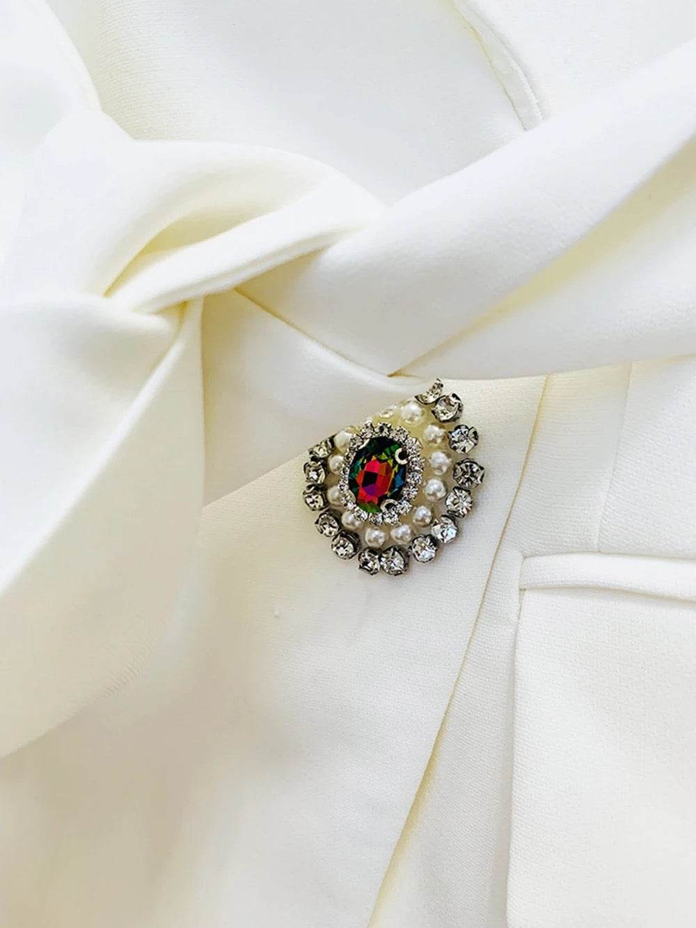 V-neck Long Sleeve Crystal Diamond Belt White blazer - REBECATHELABEL