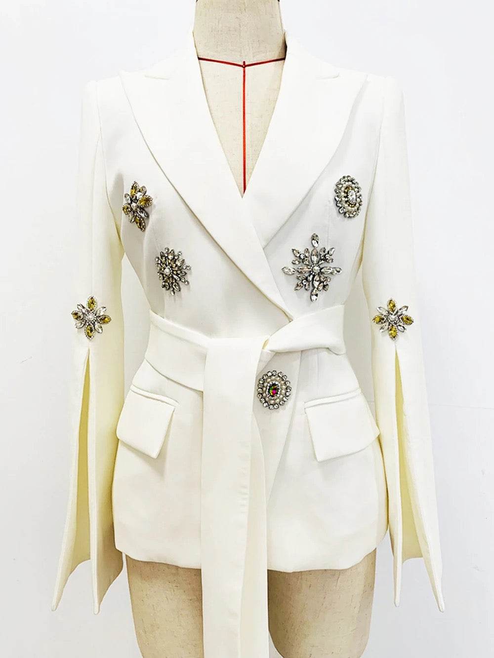V-neck Long Sleeve Crystal Diamond Belt White blazer - REBECATHELABEL