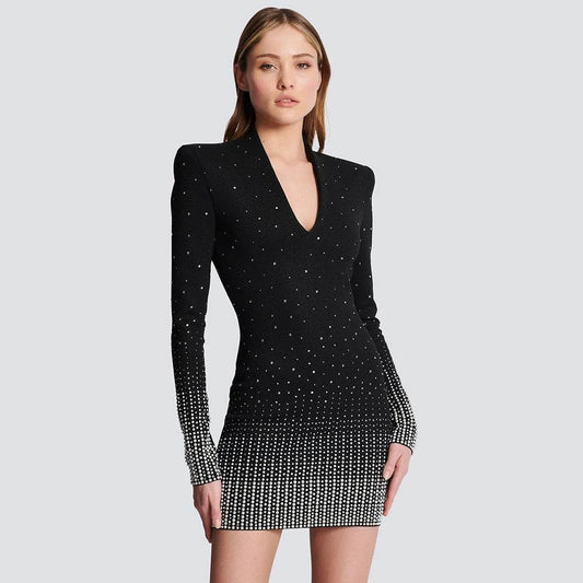 V-neck Long Sleeve Tight Diamond dress - REBECATHELABEL
