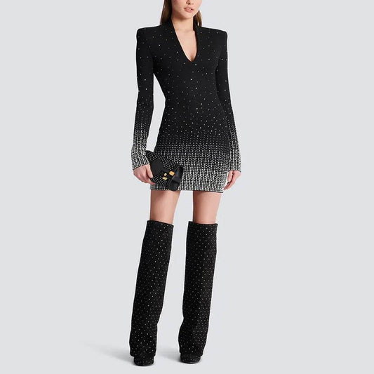 V-neck Long Sleeve Tight Diamond dress - REBECATHELABEL