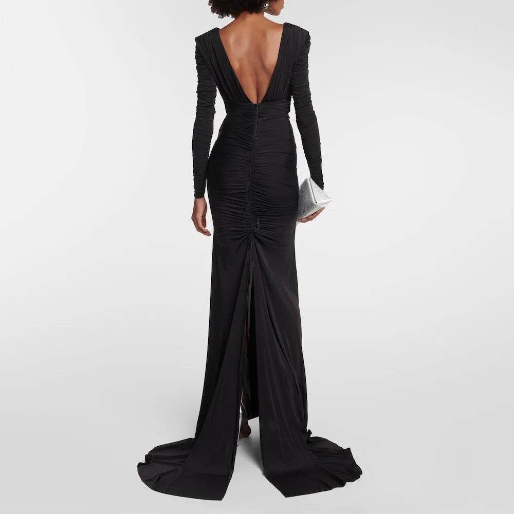 V-neck Long sleeved Folded Elastic Knitted Robe Dress - REBECATHELABEL