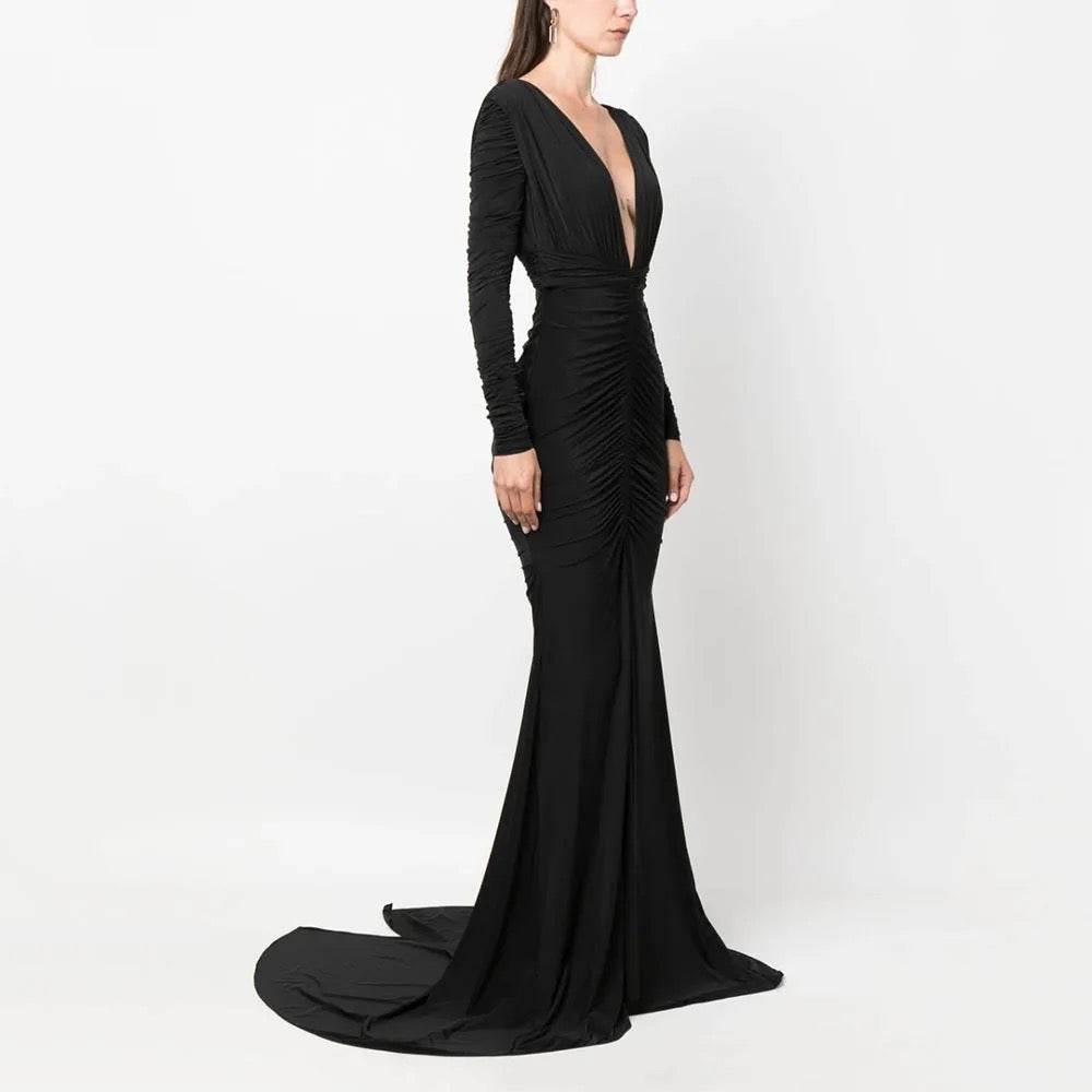 V-neck Long sleeved Folded Elastic Knitted Robe Dress - REBECATHELABEL