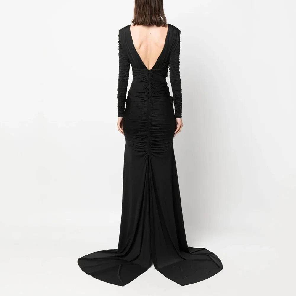 V-neck Long sleeved Folded Elastic Knitted Robe Dress - REBECATHELABEL