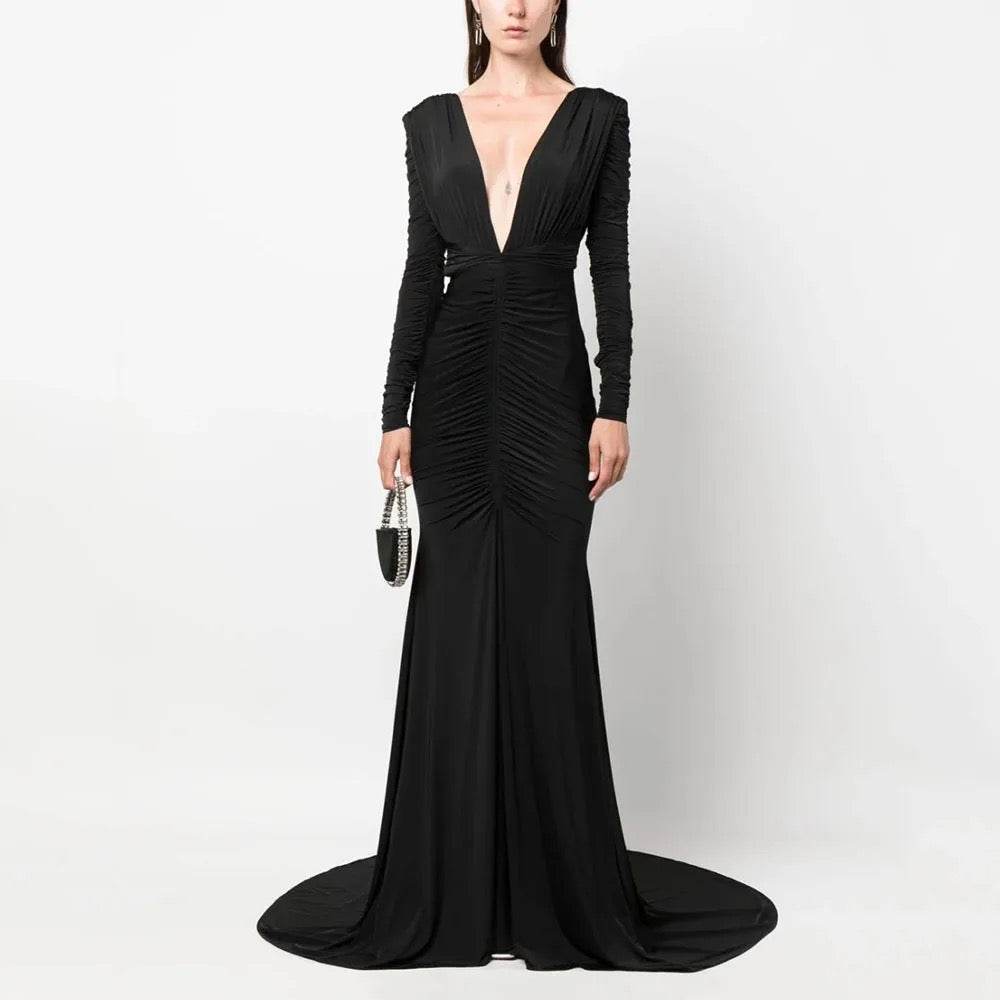 V-neck Long sleeved Folded Elastic Knitted Robe Dress - REBECATHELABEL