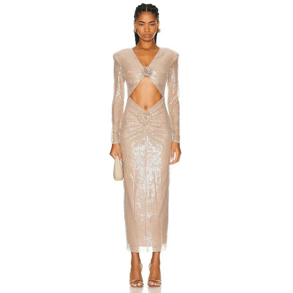 V-neck Long sleeved Hollow Flower Sequin Tight Fit Midi Dress - REBECATHELABEL