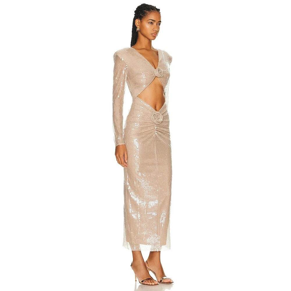 V-neck Long sleeved Hollow Flower Sequin Tight Fit Midi Dress - REBECATHELABEL