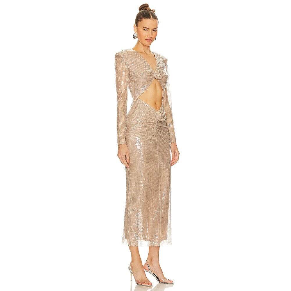 V-neck Long sleeved Hollow Flower Sequin Tight Fit Midi Dress - REBECATHELABEL