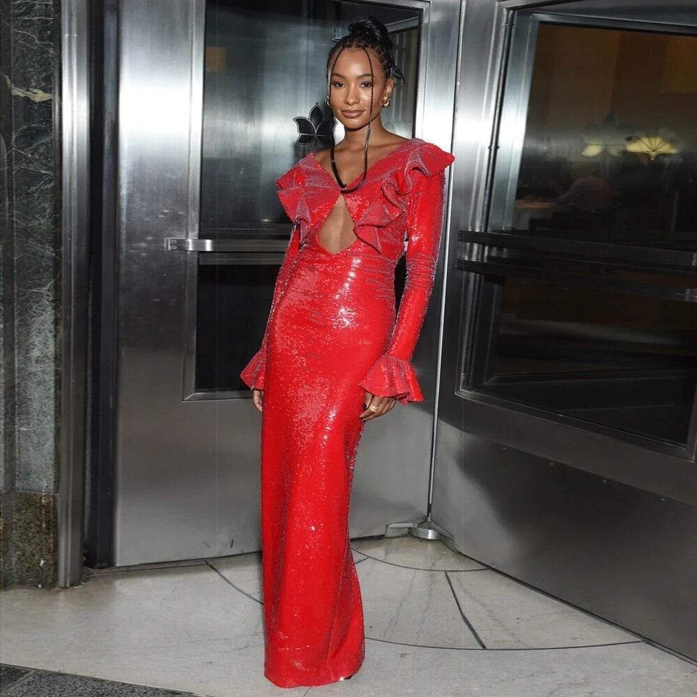 V-neck Long sleeved Ruffle Edge Sequin Open Back Long Dress - REBECATHELABEL