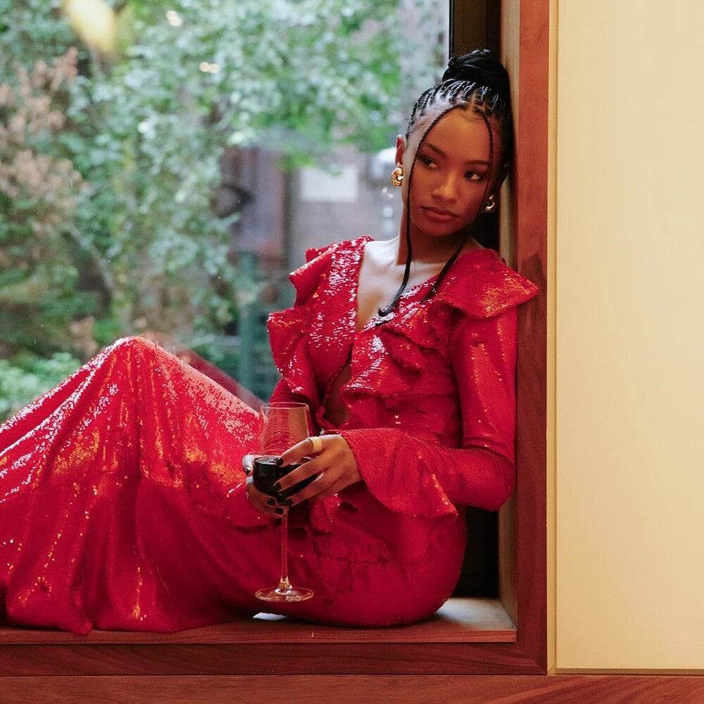 V-neck Long sleeved Ruffle Edge Sequin Open Back Long Dress - REBECATHELABEL